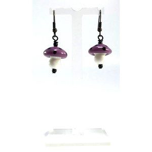 Handmade Purple White Mushroom Lampworked Glass Bead Earrings NWOT